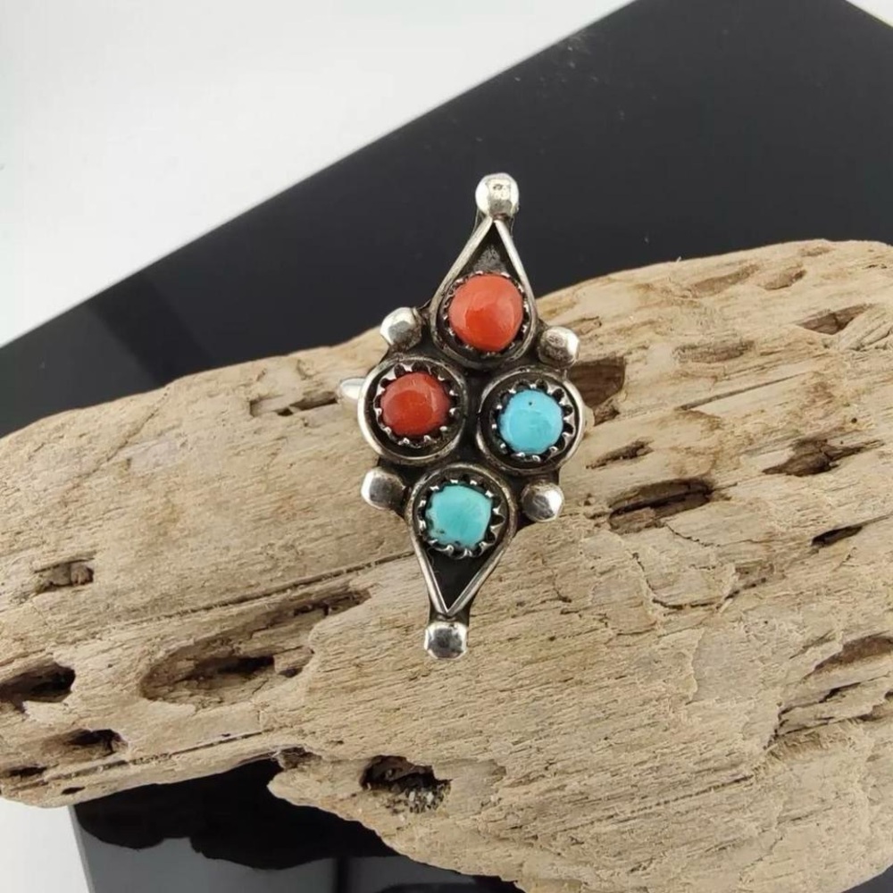 Vintage Native American turquoise and coral ring